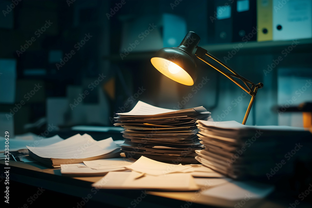 Poster a dimly lit workspace filled with stacks of papers, illuminated by a desk lamp, creating a focused y