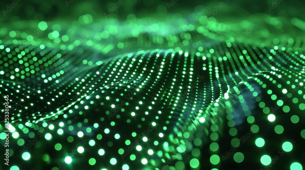 Poster abstract glowing green wave of particles. futuristic background. 3d rendering.