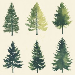 Obraz premium Six watercolor evergreen trees; nature design elements; background texture; for print