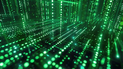 Abstract background of glowing green dots and lines forming a digital landscape. Futuristic technology or science fiction concept.