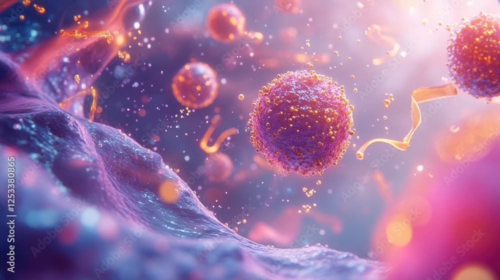 Poster close-up 3d rendering of colorful bacteria under microscopic view, detailed biological structures wi
