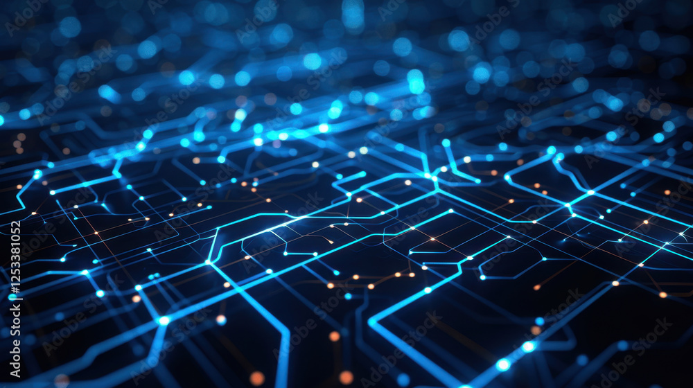 Poster abstract digital circuit board with glowing blue lines and nodes, representing technology and connec