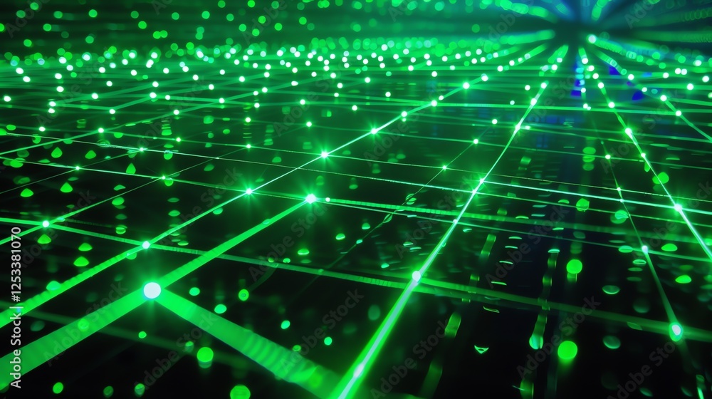 Poster abstract background of glowing green dots and lines in perspective. futuristic technology or science