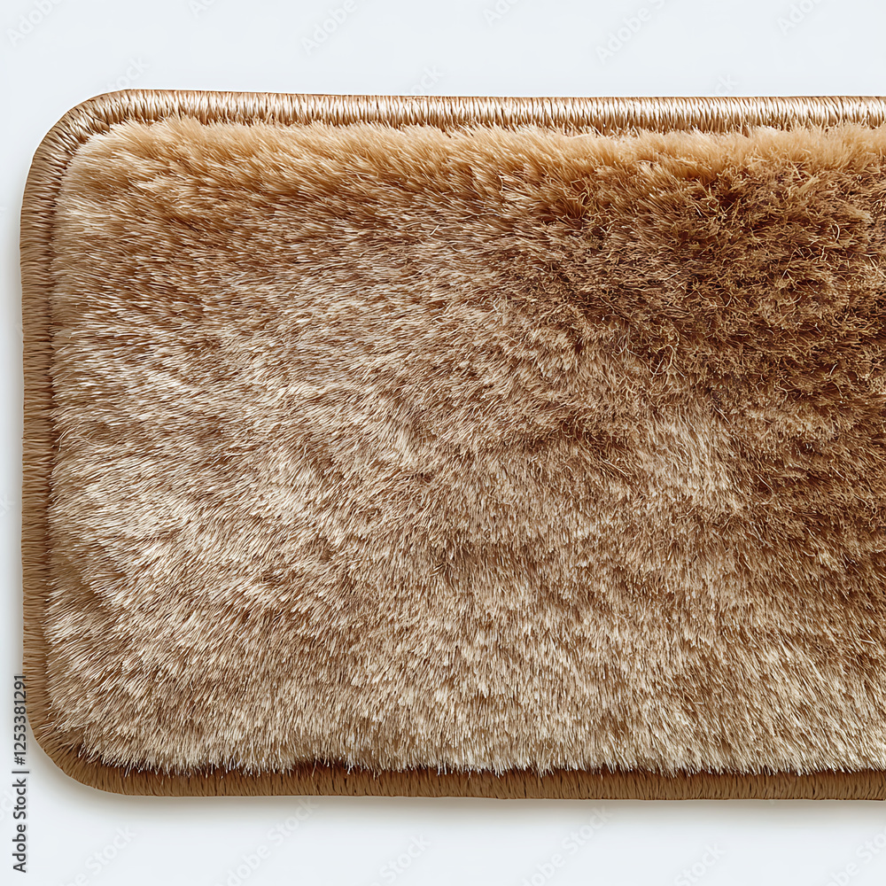 Poster top view of light brown fuzzy rug with soft texture, showcasing its plush fibers and smooth edges, p