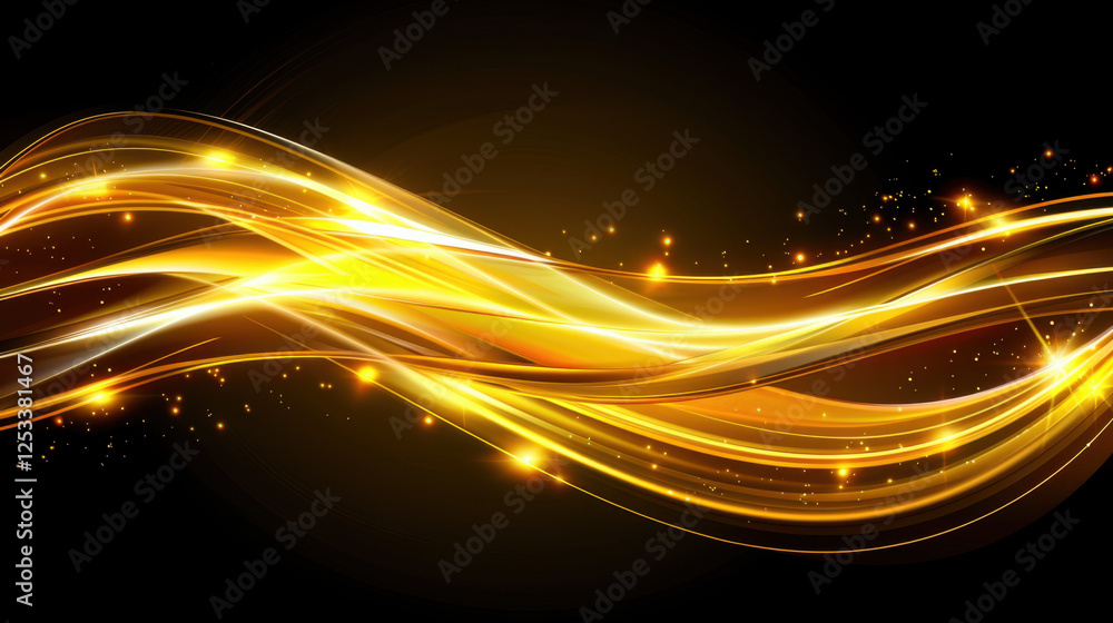Poster golden light waves create dynamic and vibrant background with sparkling effects, perfect for festive