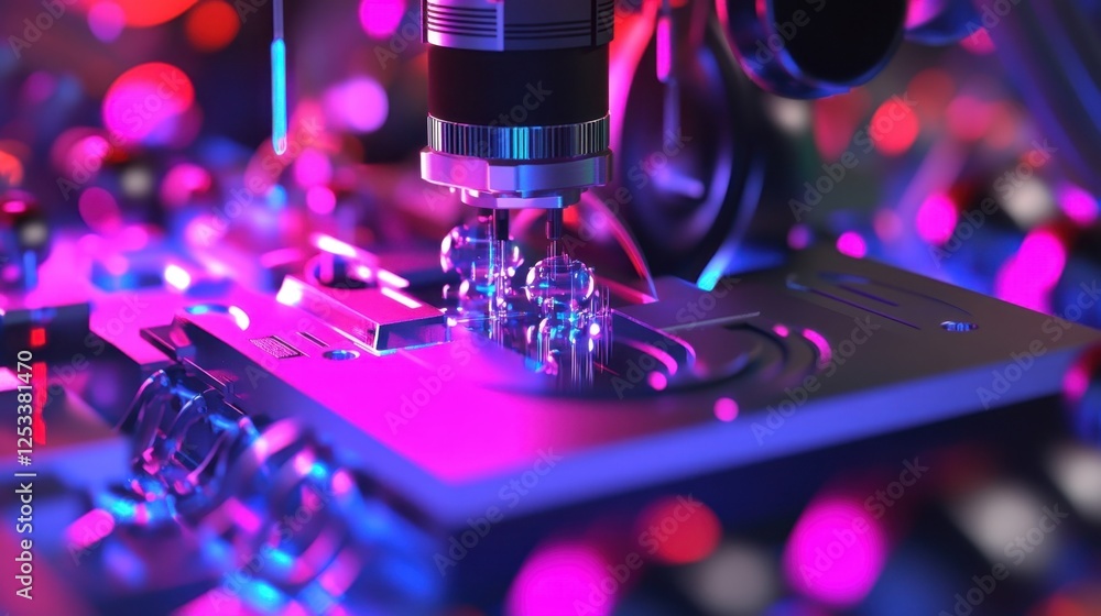 Poster close up of a high tech microscope examining microchips, showcasing intricate details and vibrant co
