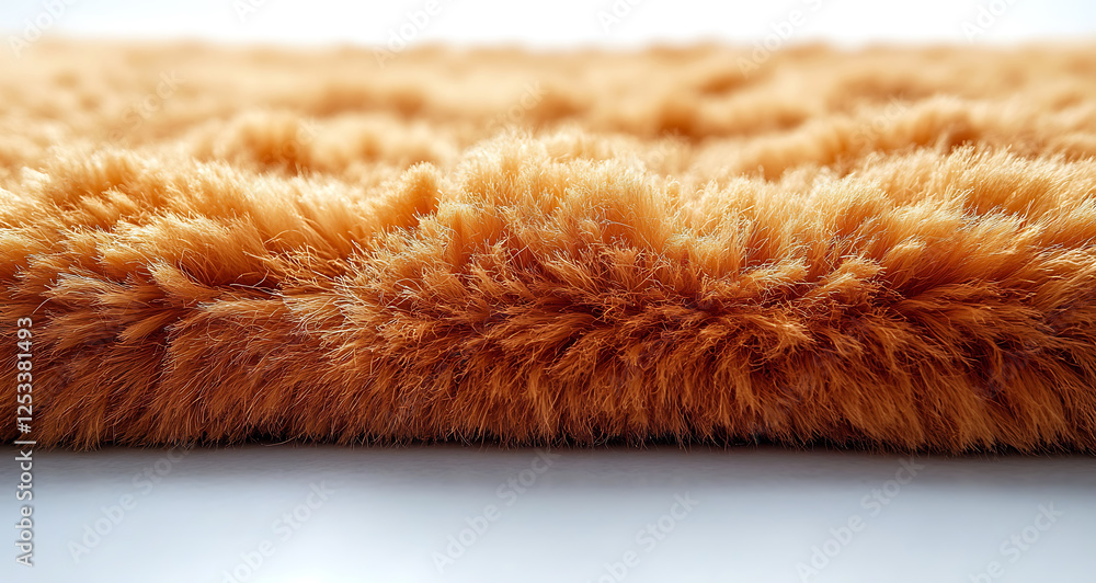 Poster close up view of light brown fuzzy rug, showcasing its soft texture and plush fibers. warm color add