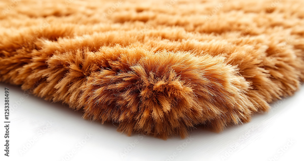Poster top view of light brown fuzzy rug with soft texture, showcasing its plush fibers and warm color. thi