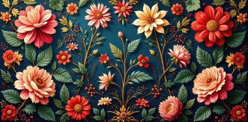 Floral tapestry fabric, vintage style, rich colors, intricate detail, material, retro