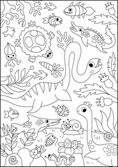 Obraz premium Vector black and white marine dinosaur landscape illustration. Cute line prehistoric aquatic scene with ancient water animals, seaweeds. Funny ocean coloring page with plesiosaurus