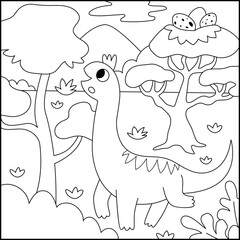 Vector square black and white scene with brachiosaur eating leaves from high tree. Dinosaur line landscape illustration. Cute prehistoric coloring page with mountains, forest, tree