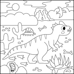 Vector square black and white scene with allosaurus. Dinosaur landscape illustration. Cute line prehistoric coloring page with desert, bones, volcano, centipede, stones