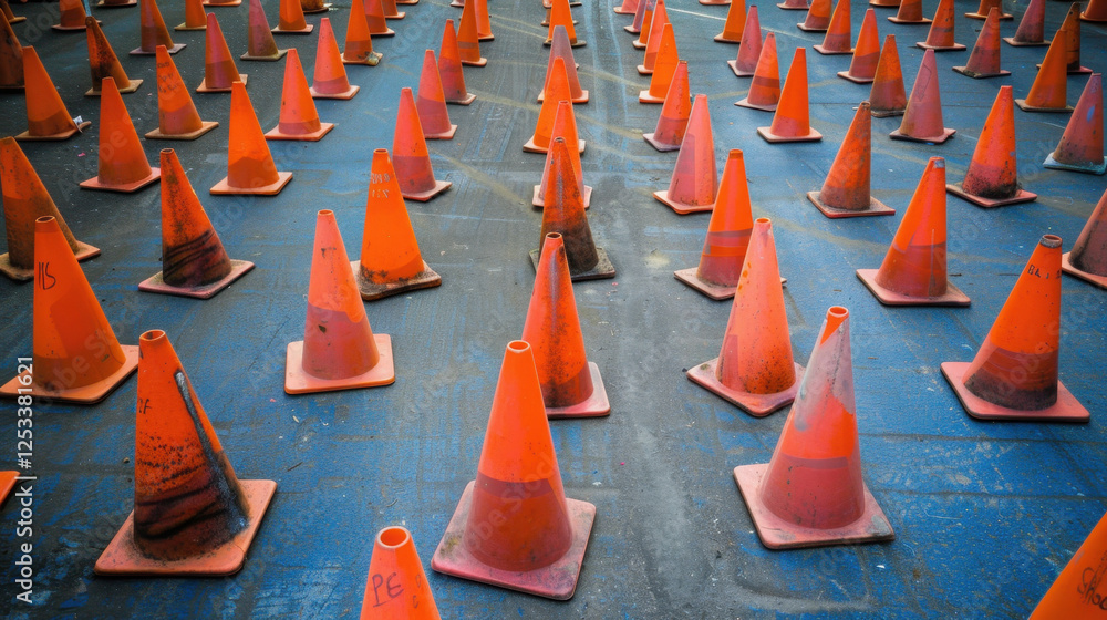 Poster orange traffic cones arranged in grid pattern on blue surface, creating striking visual effect. cone