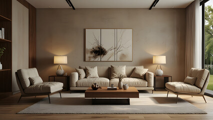 Three empty canvases on beige wall with modern living room fireplace 

