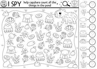 Capybara black and white I spy game for kids. Searching and counting line activity with cute animals in pond or lake. Capibara printable worksheet for preschool children. Spotting puzzle with frog