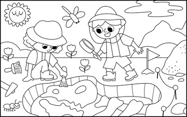 Vector black and white landscape illustration with paleontologists digging dinosaurs fossils and bones. Cute line scene with prehistoric animal scientist on the dig. Dino archaeologists coloring page