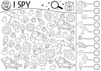 Capybara black and white I spy game for kids. Searching and counting line activity with cute relaxing animals on holiday. Capibara summer printable worksheet, coloring page. Spotting puzzle