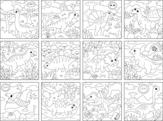 Vector black and white dinosaur square scenes collection. Dino landscape illustration or coloring page pack for kids. Cute line prehistoric scenes set with Pterodactyl, Stegosaurus, Triceratops, T-Rex © Lexi Claus