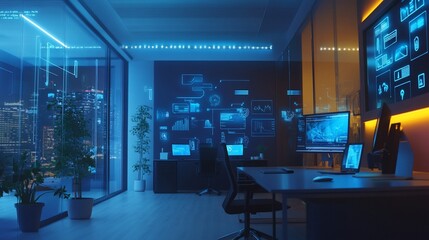 Modern office with blue technology and city view at night illuminated by screens