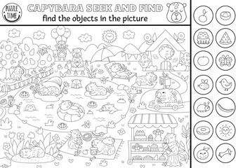 Capybara black and white vector searching game with summer village landscape. Spot hidden objects. Line capibara seek and find printable activity, coloring page for kids with frog, tangerine