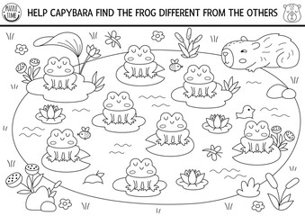 Find different frog in the pond. Capibara black and white matching activity for children. Educational line quiz worksheet for kid. Printable game, coloring page with cute capybara searching for toad