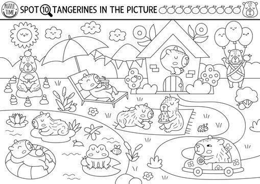 Vector black and white capybara searching game with summer landscape, pond. Spot hidden tangerines. Line capibara seek and find educational printable activity, coloring page for kids
