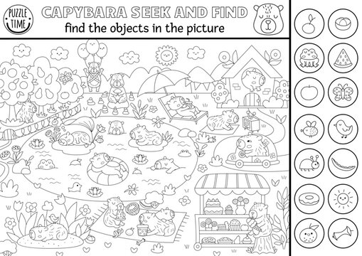 Capybara black and white vector searching game with summer village landscape. Spot hidden objects. Line capibara seek and find printable activity, coloring page for kids with frog, tangerine
