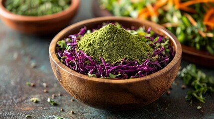 A wooden bowl filled with green powder atop purple cabbage, surrounded by fresh vegetables.