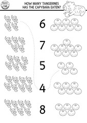 Match the numbers capybara game with tangerines or oranges, its peel. Capibara black and white math activity, coloring page for preschool kids. Educational counting line worksheet with animal
