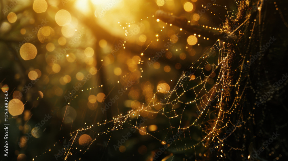 Poster close up of spider web glistening with dew in sunlit forest, creating magical atmosphere with bokeh 