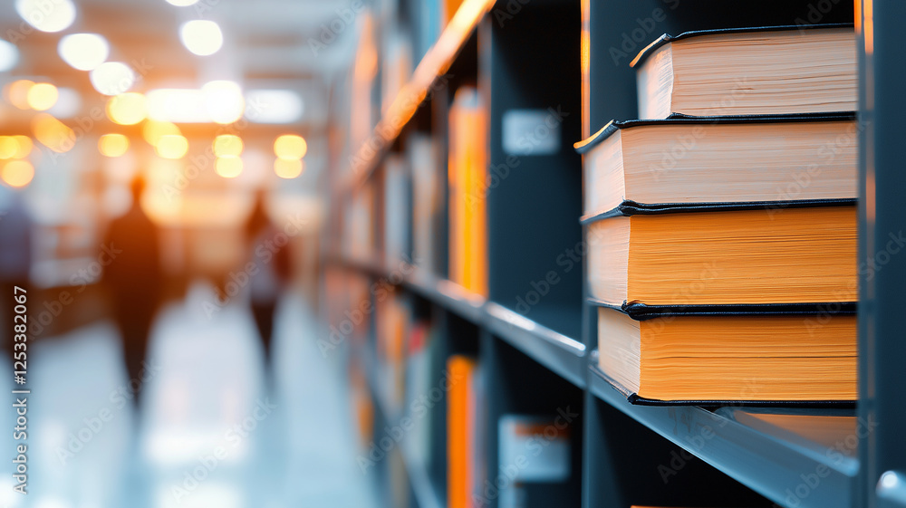 Poster close up of books on library shelf with blurred background, creating warm and inviting atmosphere. s