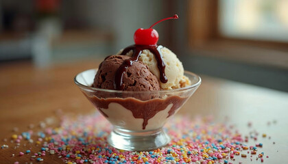 ice cream with chocolate sauce