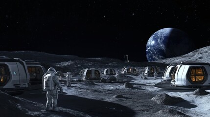Obraz premium Lunar Colony Astronauts Earth Habitat Modules