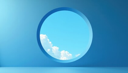 Smooth blue wall, perfectly round hole shows sky, minimalist, clean