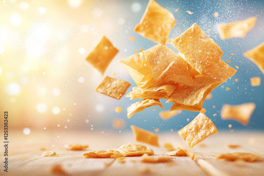 Poster crispy golden phyllo pastry pieces floating in air, creating delightful and appetizing scene. backgr