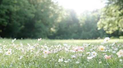 Fototapeta premium Sunny meadow wildflowers, green forest background, spring, nature