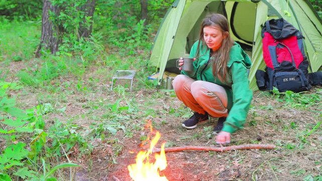 Girl alone on a hike in the forest
