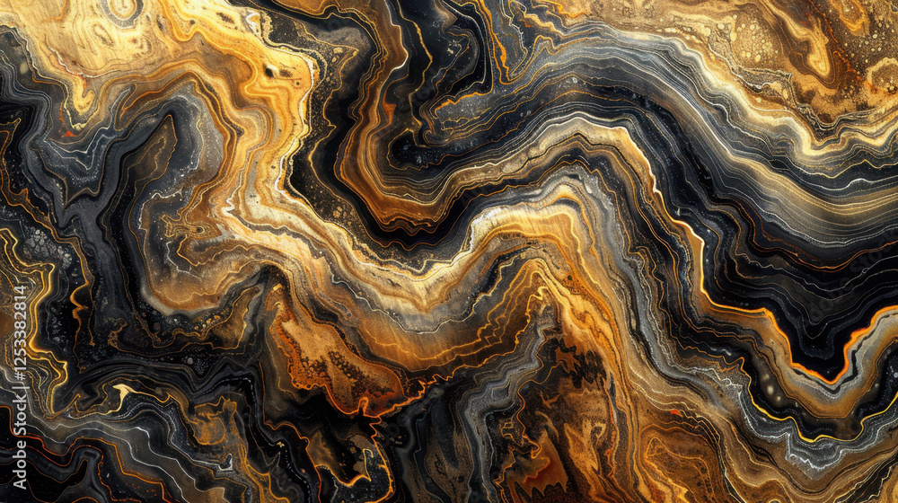 Poster abstract black and gold marble texture with wavy patterns and rich colors, creating luxurious and el
