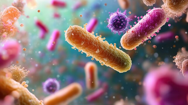 Close-up 3D Rendering of Colorful Bacteria Under Microscopic View, Detailed Biological Structures with Vibrant Colors and Complex Shapes,macro view of healthy gut bacteria and microbes
