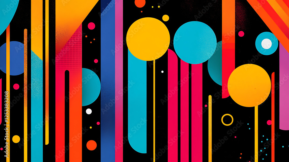 Poster bold and vibrant abstract composition featuring colorful shapes and lines on black background, creat