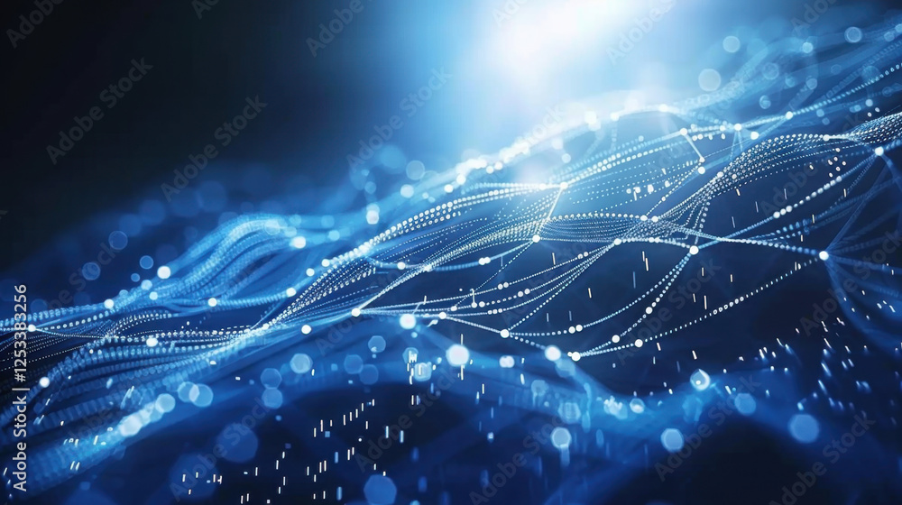 Poster abstract blue wave background with glowing particles and lines, representing technology and data flo