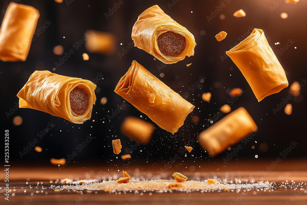 Poster Golden phyllo pastry rolls are flying through air, creating dynamic and appetizing scene. crispy texture and rich filling are highlighted against blurred background, evoking sense of delight and