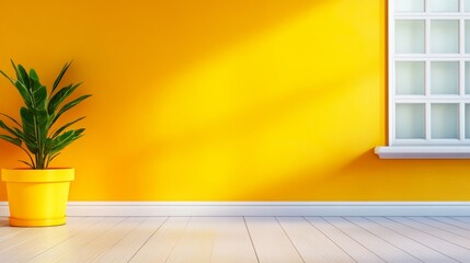 Yellow wall with a white window and a yellow plant in a yellow pot. The room is empty and the plant is the only decoration