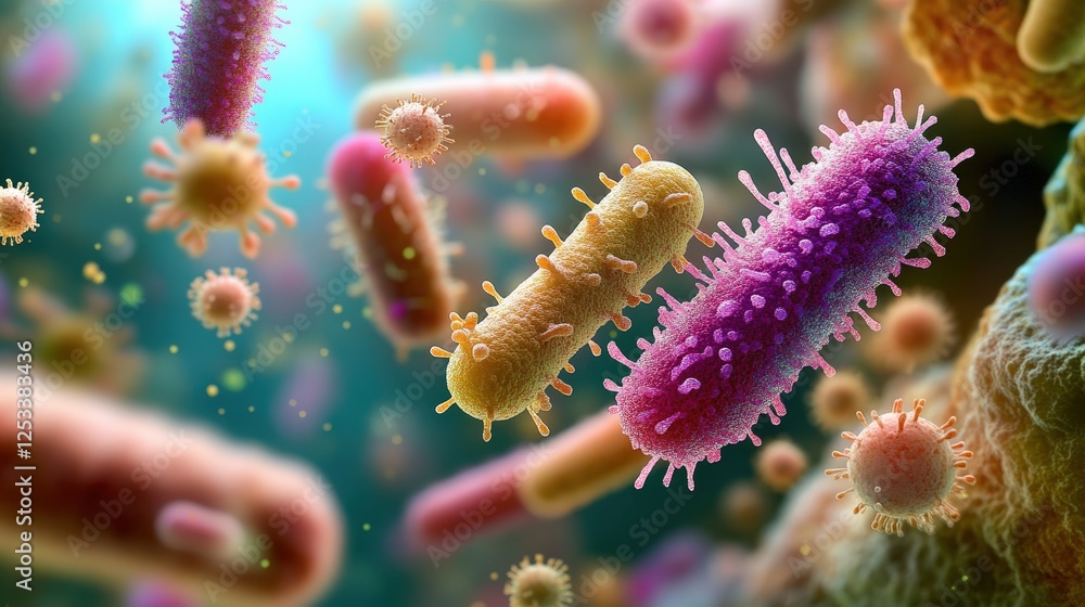 Poster close-up 3d rendering of colorful bacteria under microscopic view, detailed biological structures wi