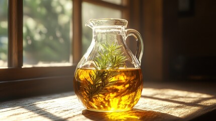 Sunlit rosemary infused oil in glass pitcher on windowsill