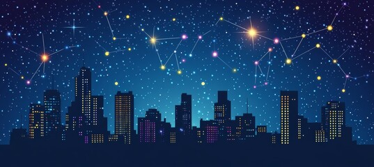 Fototapeta premium Cityscape under a starry night sky, connected by a network of glowing dots. Technology concept.