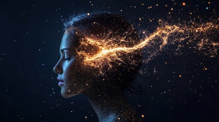 Obraz premium Woman Profile with Glowing Particles in Dark Background
