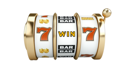 Slot machine with golden reels showing winning symbols and WIN text