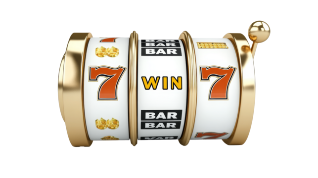 Slot machine with golden reels showing winning symbols and WIN text