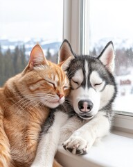 Snuggly Cat and Dog Friendship Moment Concept. Cats and dogs cuddling by a window in a cozy setting